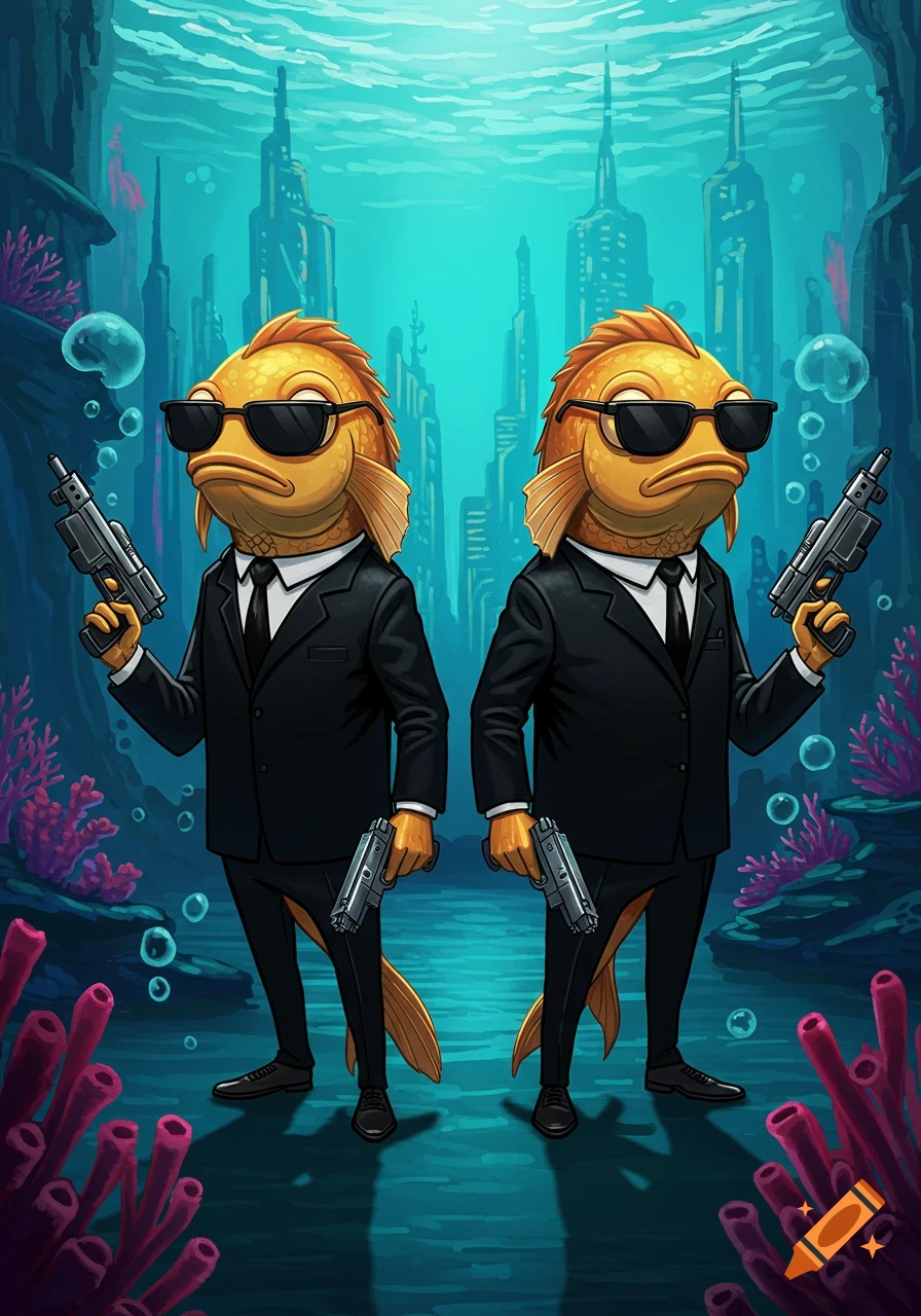 Two cartoon fish in black suits and sunglasses, holding guns, stand in an underwater city.