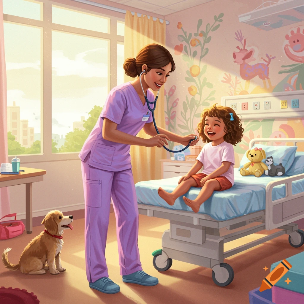 An illustrated nurse uses a stethoscope on a happy child in a bright hospital room with a golden retriever puppy.