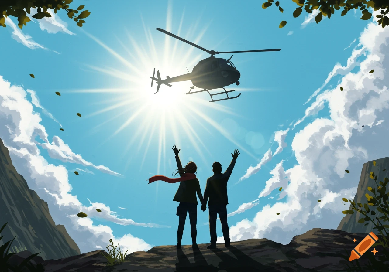 A stylized illustration shows two people waving from a mountain top to a helicopter flying overhead, silhouetted against a bright sun in a blue sky.