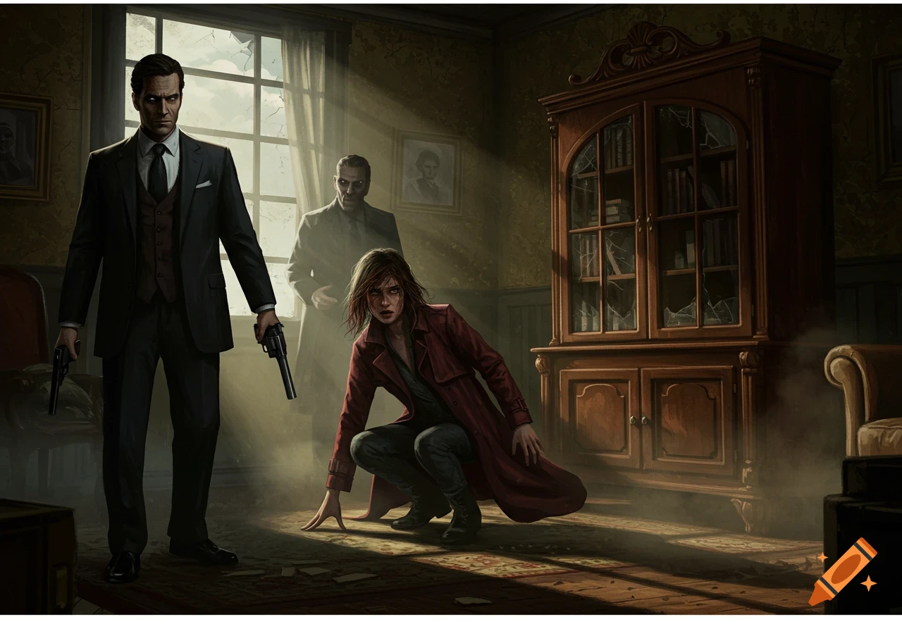 Two men with revolvers confront a distressed woman crouching in a dimly lit, broken room, in a dramatic, realistic style.