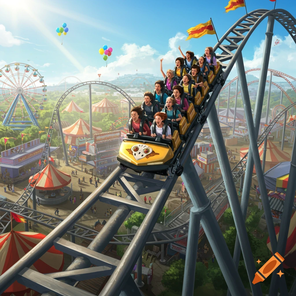 A vibrant illustration of people riding a yellow roller coaster at a bustling amusement park with a Ferris wheel and carnival tents under a sunny sky.