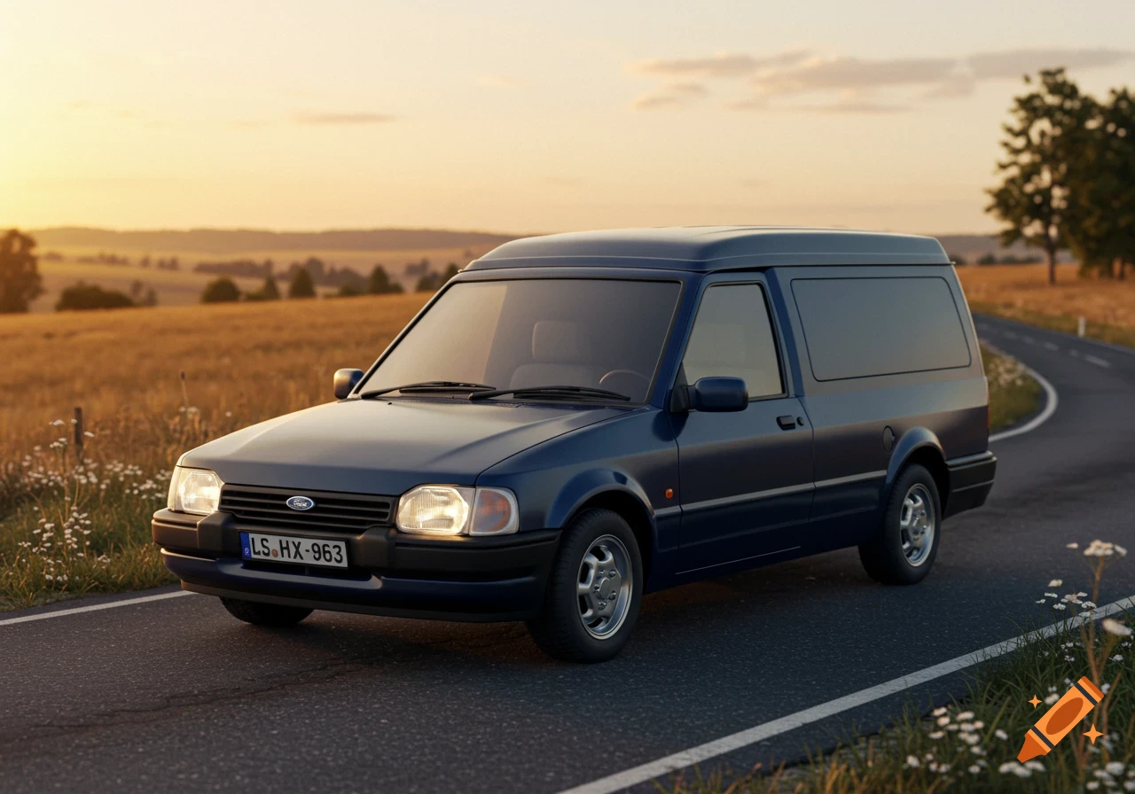 Dark blue 1992 Ford Escort van on a winding road through a golden field at sunset, photorealistic style.