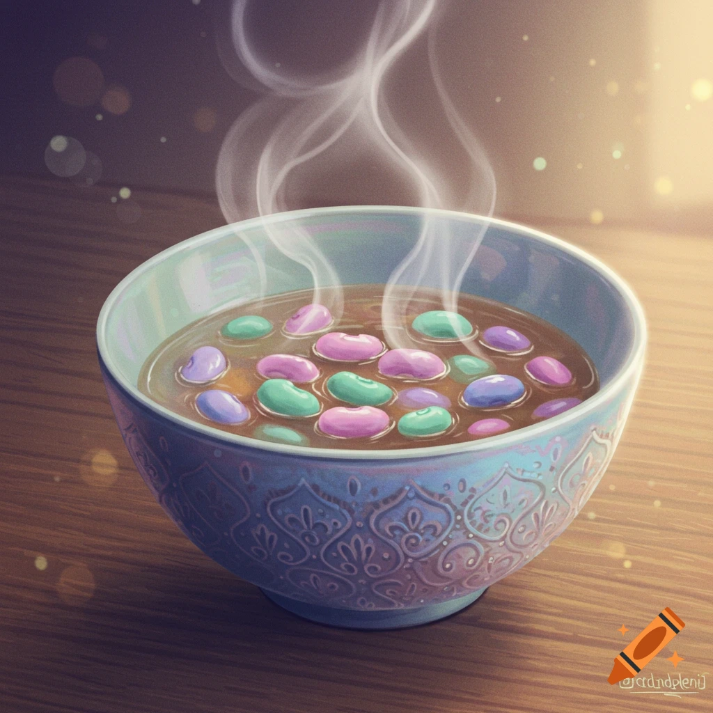 Illustration of a steaming bowl of pastel-colored bean-like candies in a liquid on a wooden table.