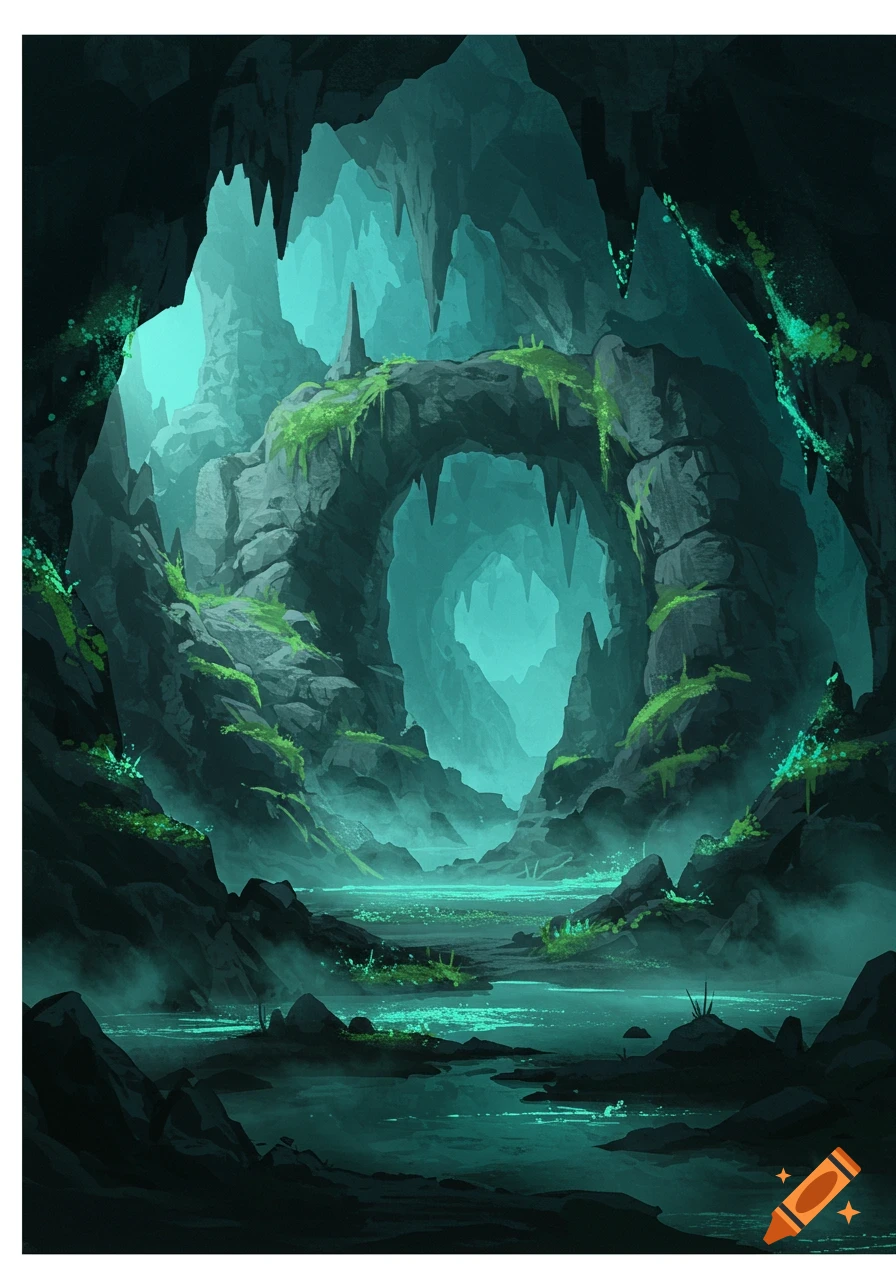 A dark, haunting cave interior with a natural archway over a glowing greenish river, stalactites, and mossy rocks.