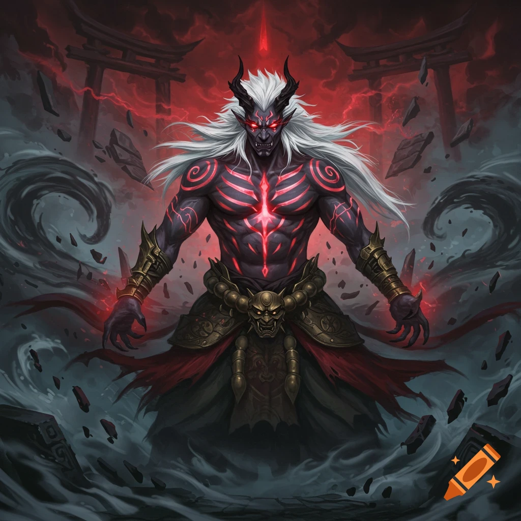 A formidable demon with white hair, black horns, and glowing red markings stands in a stormy, dark realm with red lightning and torii gates.