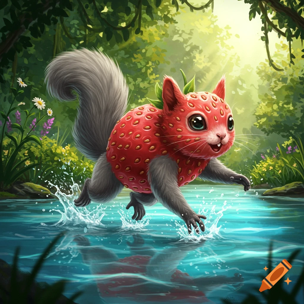 A whimsical strawberry-squirrel creature with monkey-like limbs splashes through a sunlit river in a lush green forest.