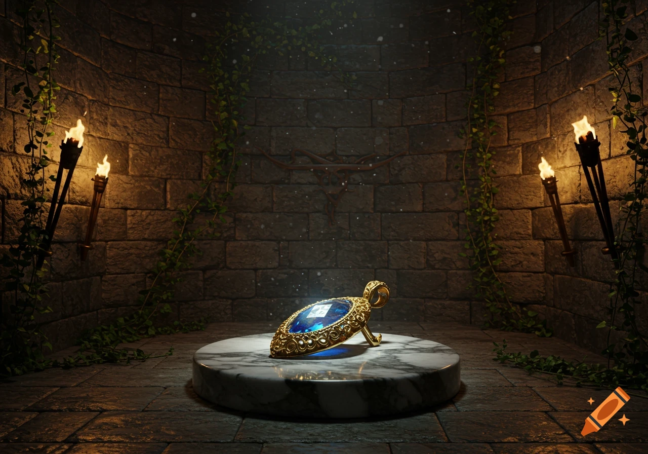An ornate gold pendant with a blue gem glows on a marble pedestal in a dark, vine-covered stone room lit by torches.