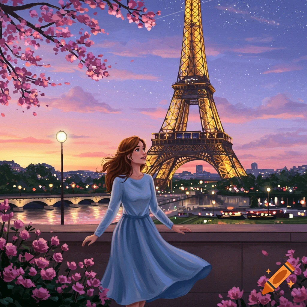 Illustrated image of a girl admiring the Eiffel Tower at sunset with cherry blossoms in the foreground.
