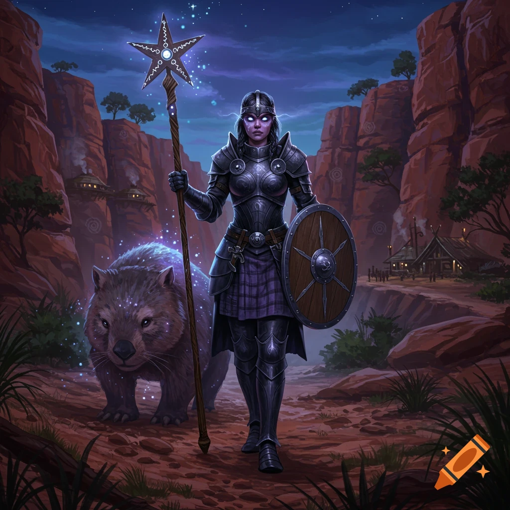 A purple-skinned warrior in dark armor with glowing eyes holds a star-tipped staff and shield, walking through a canyon at night, followed by a glowing wombat. Digital fantasy art.