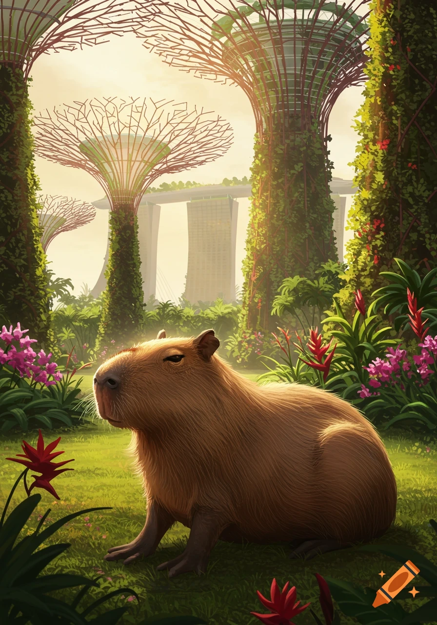 A capybara sits in a lush green garden with futuristic Supertrees and city buildings in the background, bathed in warm sunlight.