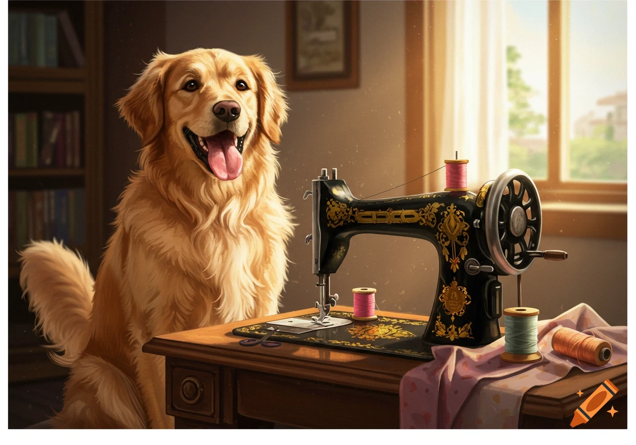 A happy golden retriever sits next to a vintage black and gold sewing machine on a wooden table, in a brightly lit room.
