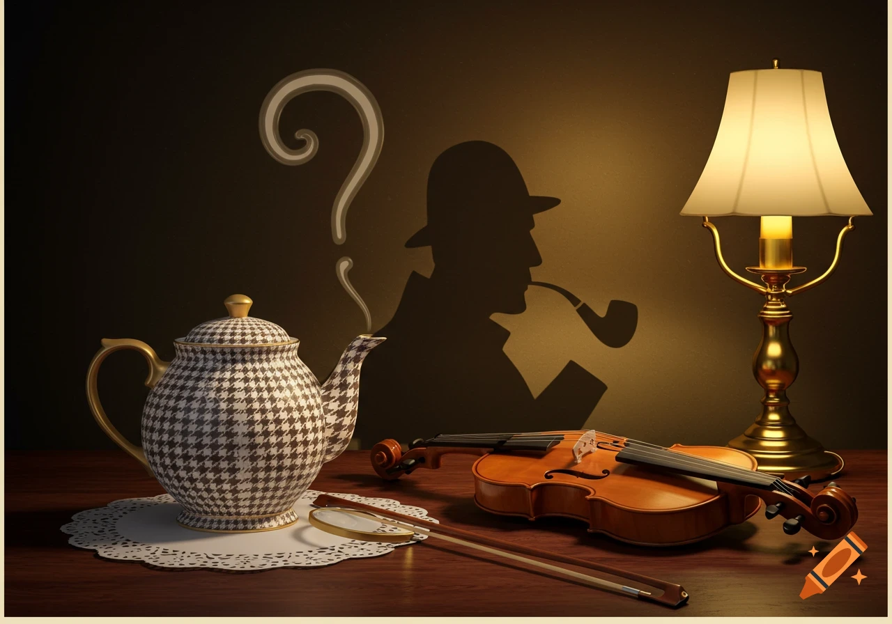 Victorian houndstooth teapot with question mark steam, violin, and lamp casting a Sherlock Holmes silhouette.