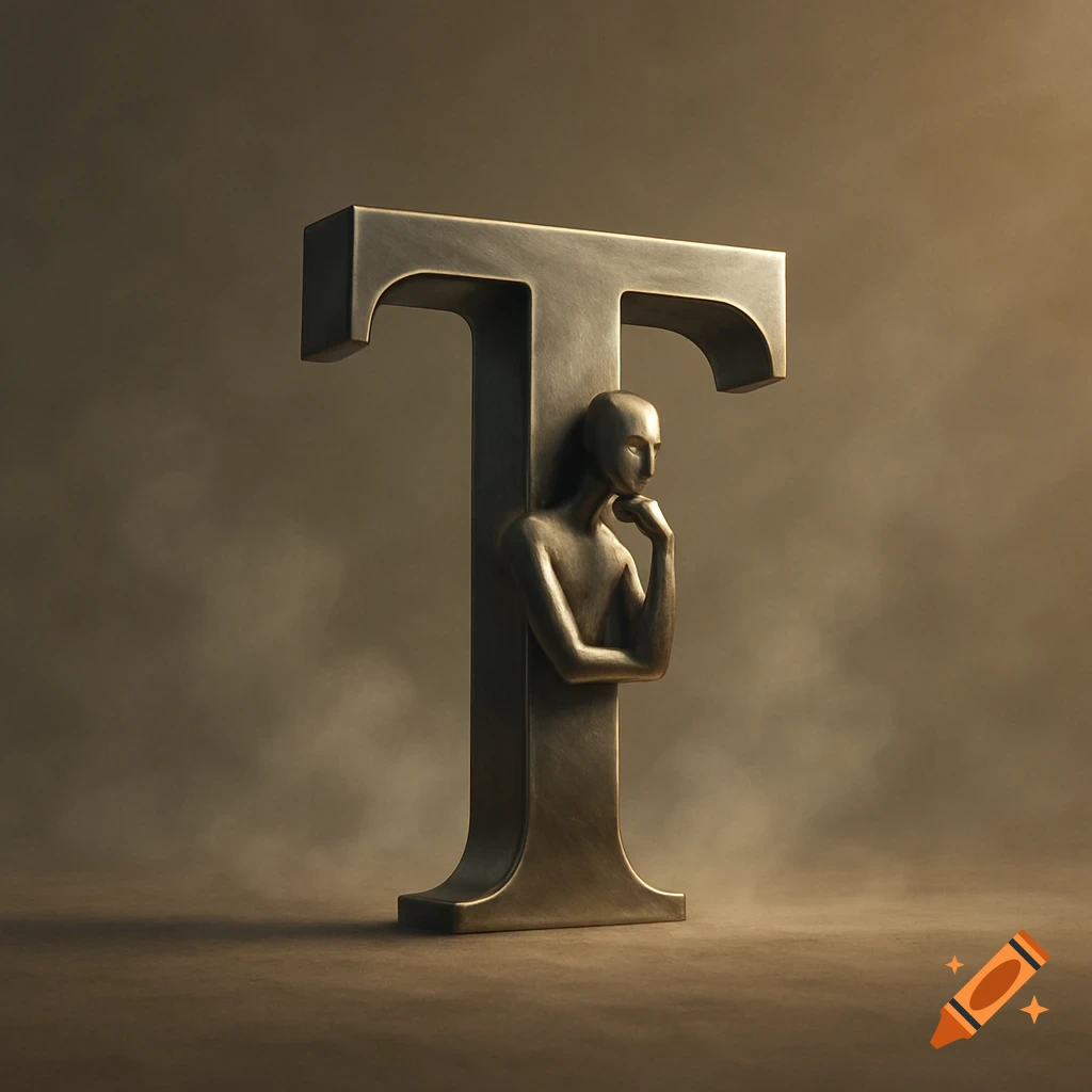 A bronze-colored, 3D uppercase letter T with a contemplative, minimalist human figure emerging from its vertical bar.