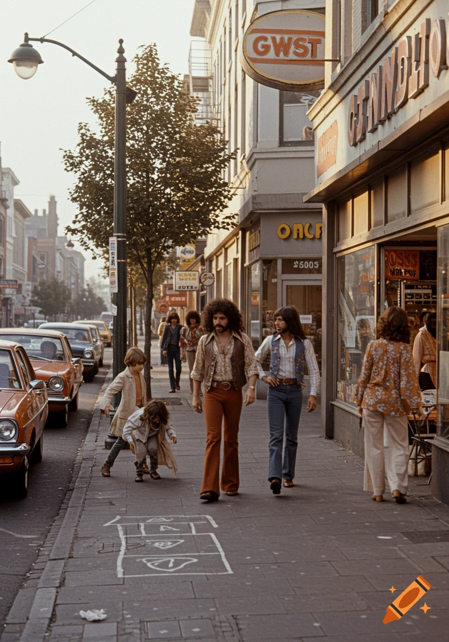 A busy street scene from the 1970s, with people in period clothing walking on a sidewalk and vintage cars parked alongside. Two children play hopscotch in the foreground near men with long, curly hair. Shops with signs line the street.