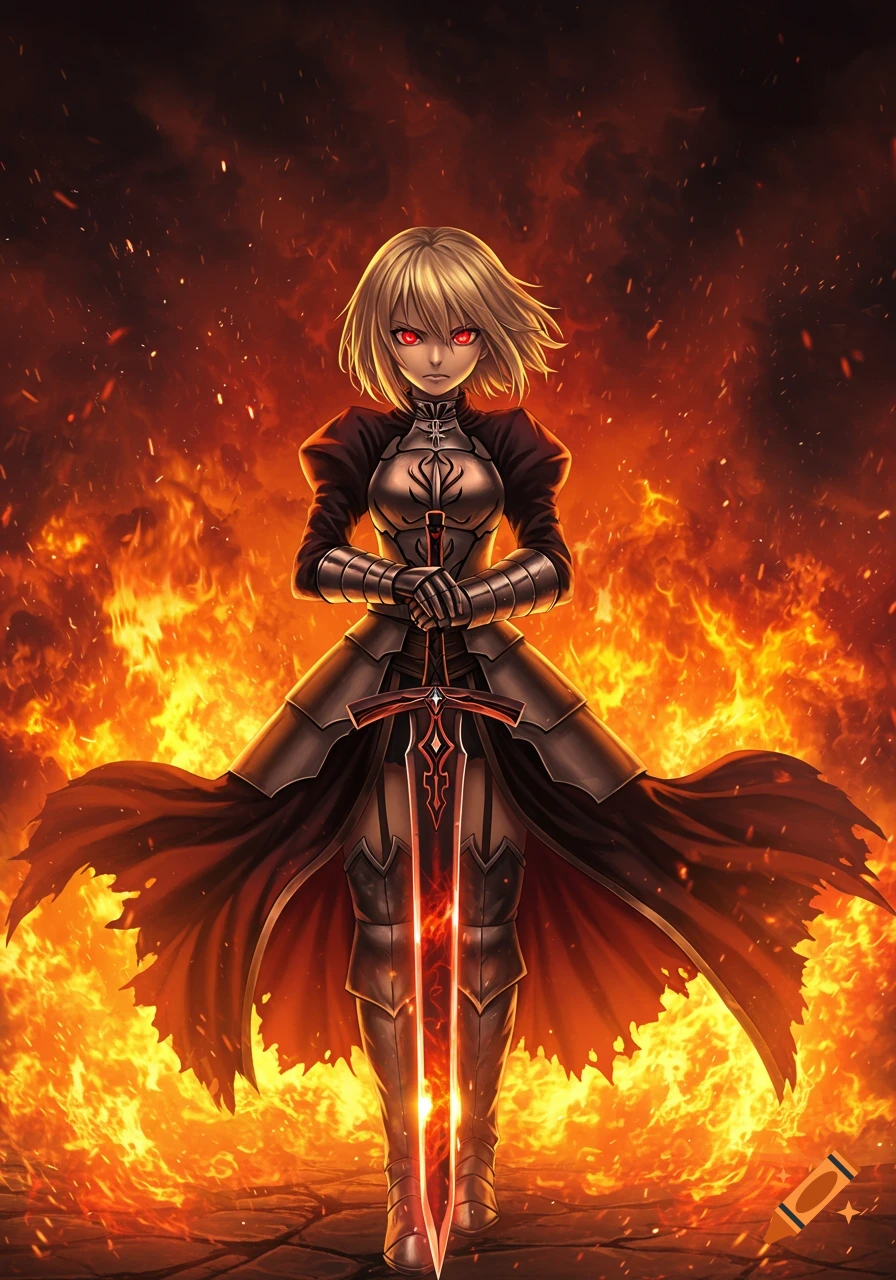 Anime warrior girl with short blonde hair, glowing red eyes, and dark armor, holding a glowing red sword against a fiery background.