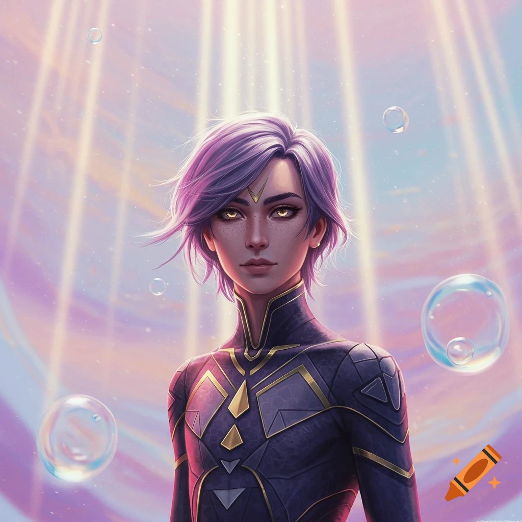 A stylized character with purple hair and glowing eyes in a dark futuristic suit, surrounded by light rays and bubbles.