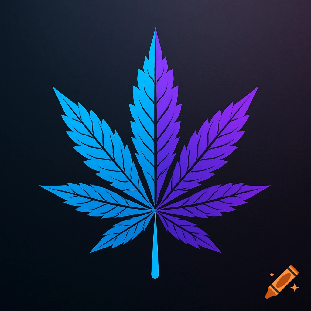 Stylized cannabis leaf logo split blue and purple on a dark background.