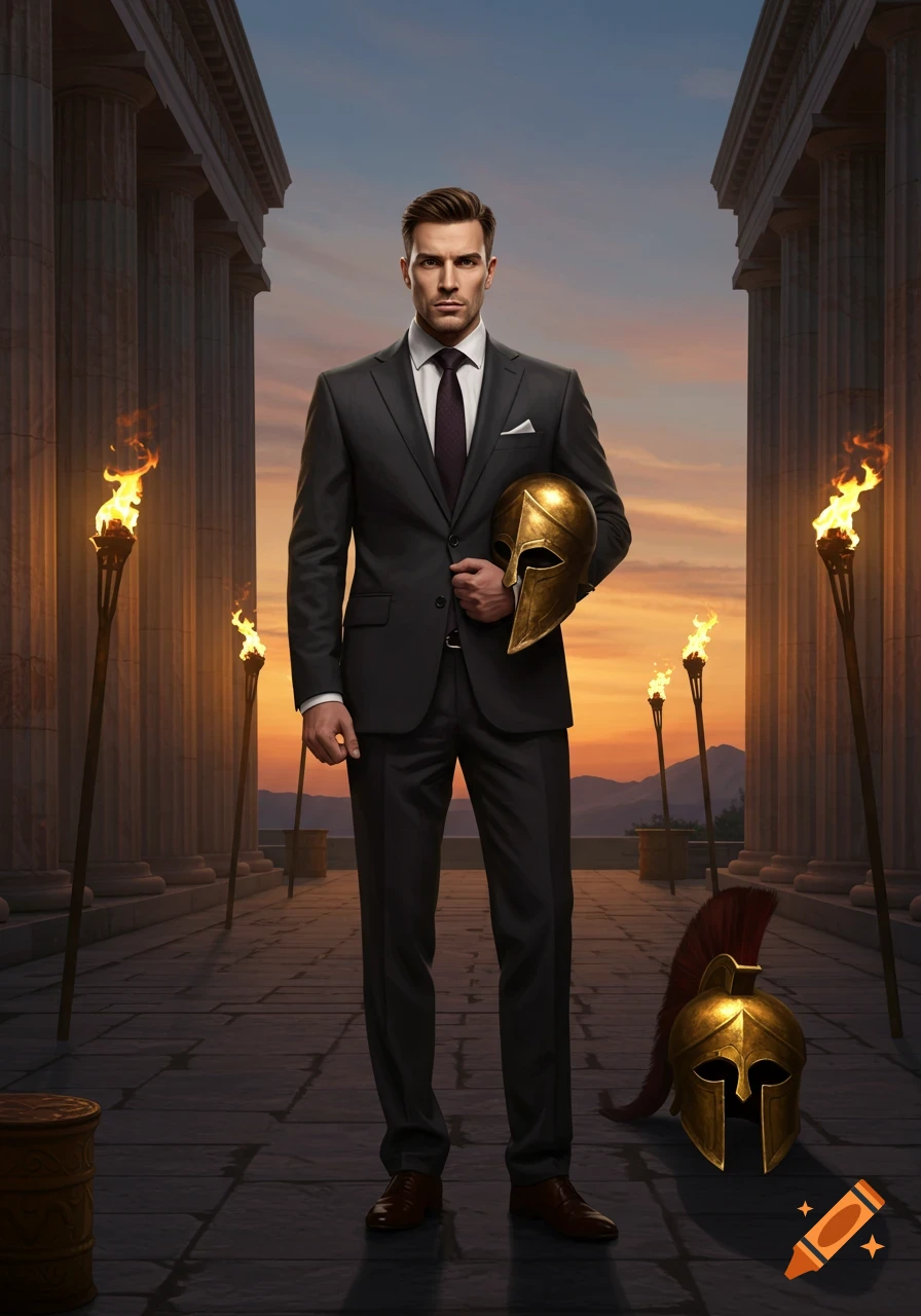 Photorealistic man in a dark suit holding a golden Spartan helmet, standing amidst classical ruins with torches at sunset.