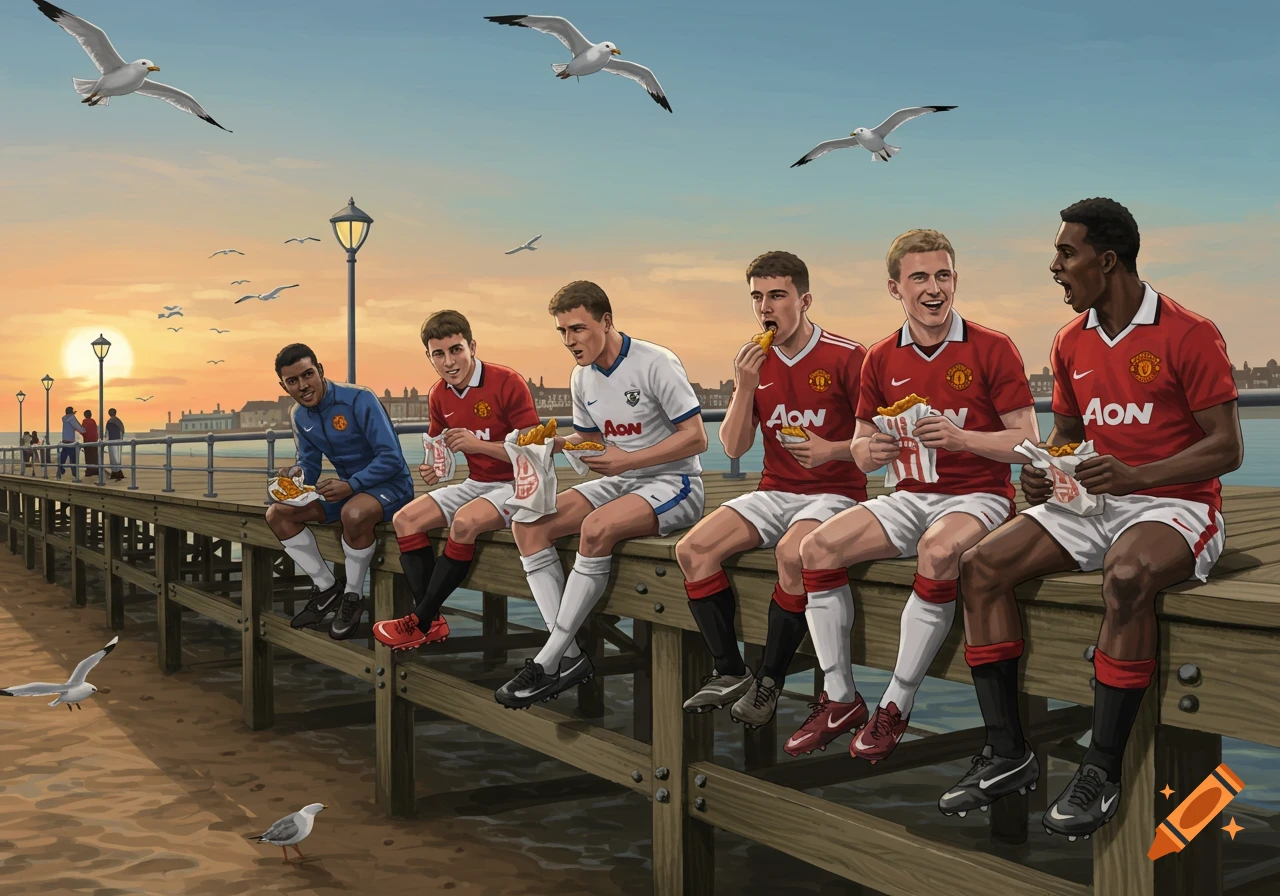 Illustrated Manchester United football players sit on a wooden pier at sunset, eating fish and chips from paper bags, with seagulls flying above.