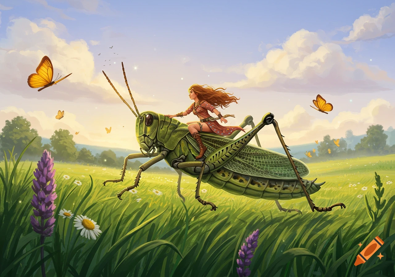 A red-haired woman rides a giant green grasshopper through a sunny field with butterflies and wildflowers in an illustrated fantasy style.