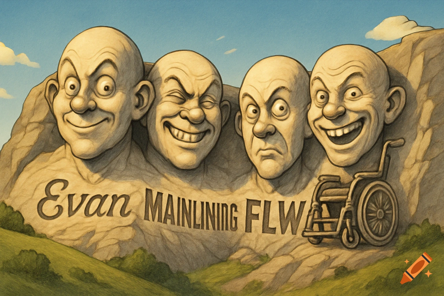 A humorous caricature of four bald men with exaggerated expressions carved into a mountain, resembling Mount Rushmore. The words 'Evan MAINLINING FLW' are carved below, with a wheelchair on the right.