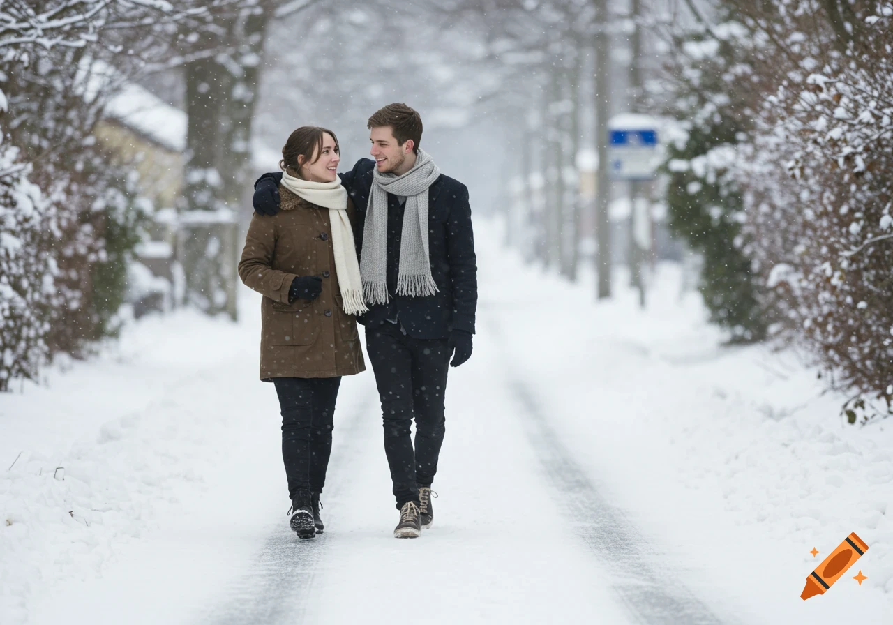 A young couple smiling and walking arm-in-arm on a snow-covered road. Photorealistic.