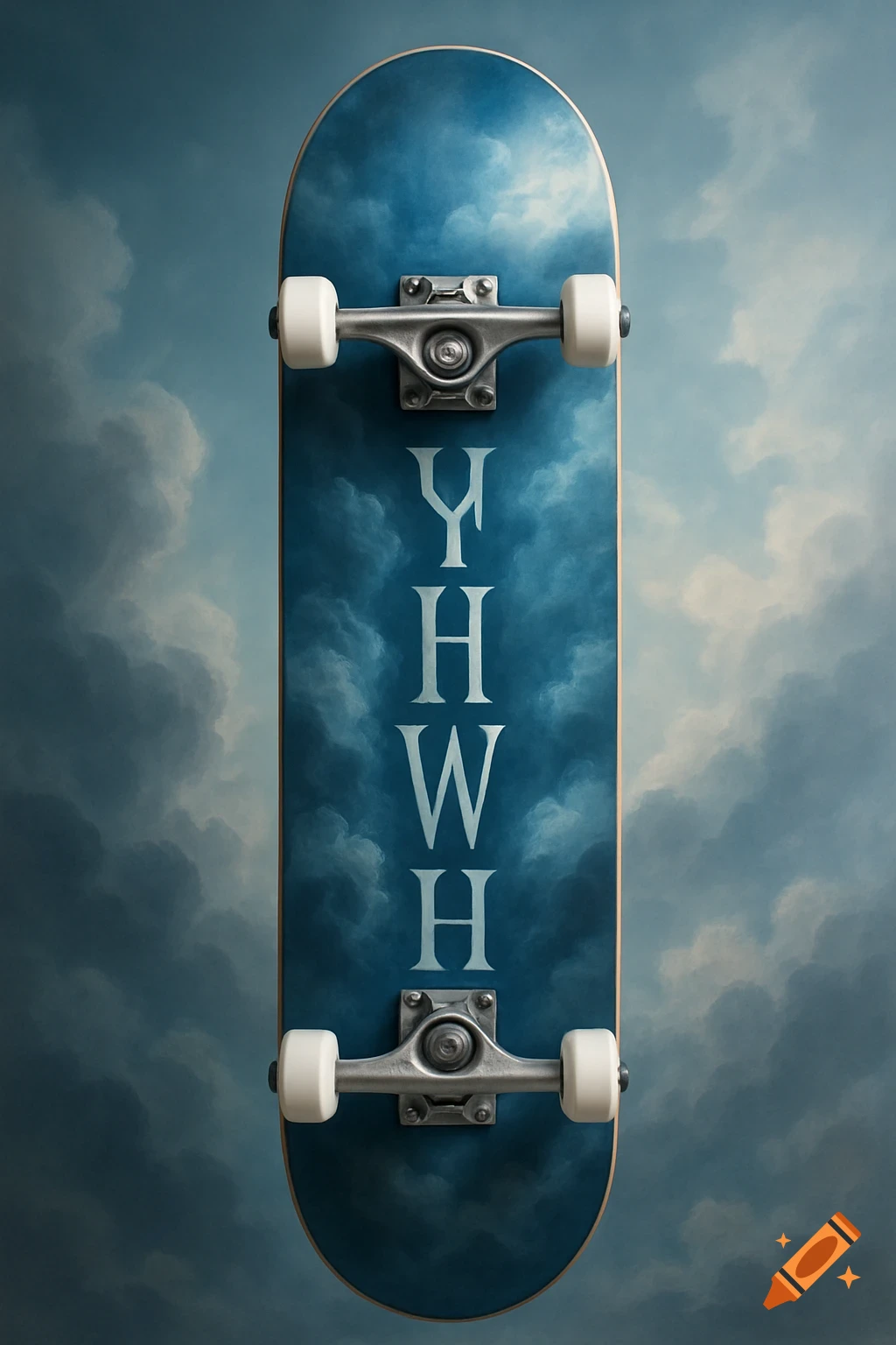 A blue skateboard featuring a cloudy pattern and the word YHWH written vertically in white, set against a cloudy blue sky.