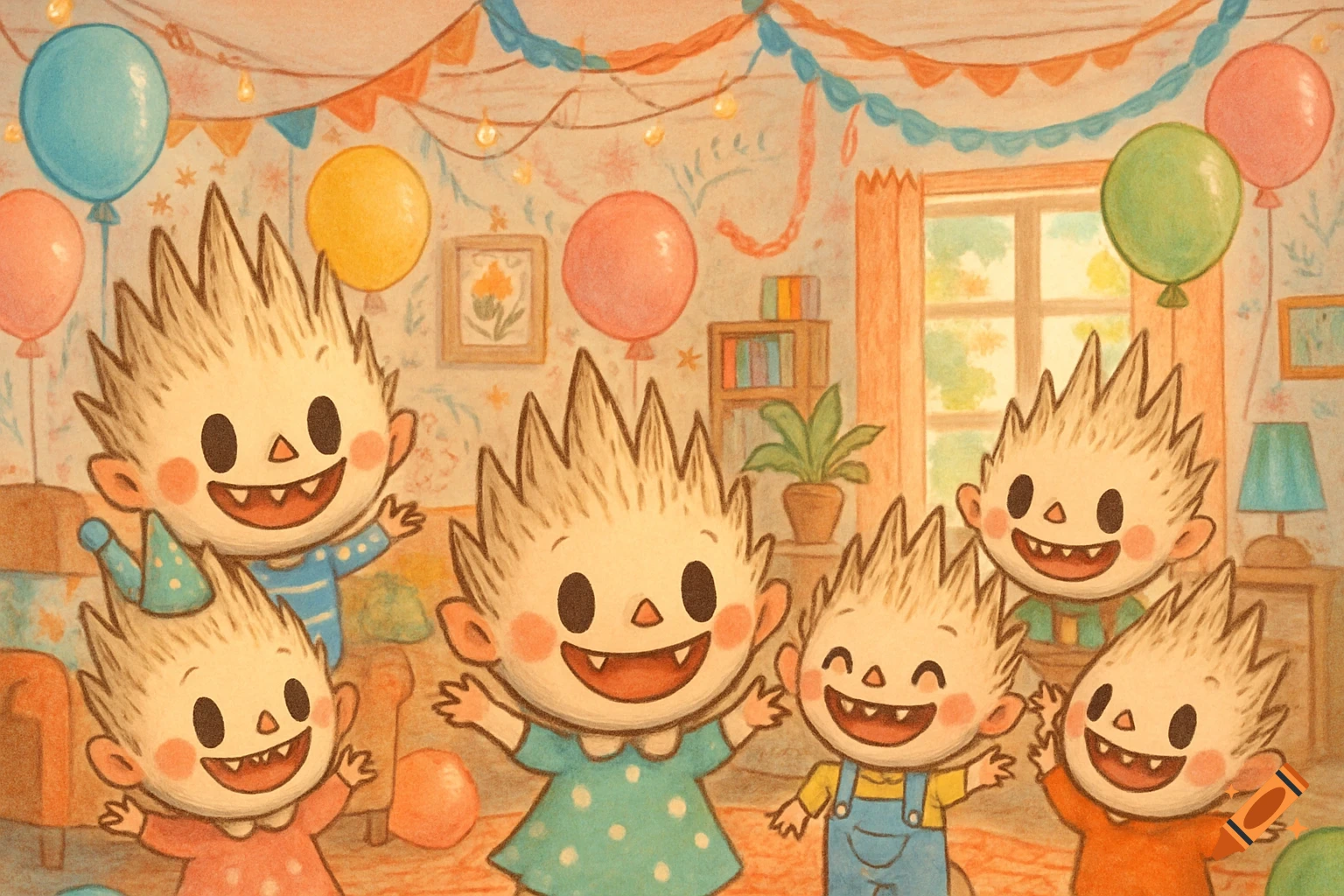 Several cheerful, spiky-haired cartoon characters celebrate at a colorful indoor party with balloons and streamers, in an illustrative style.