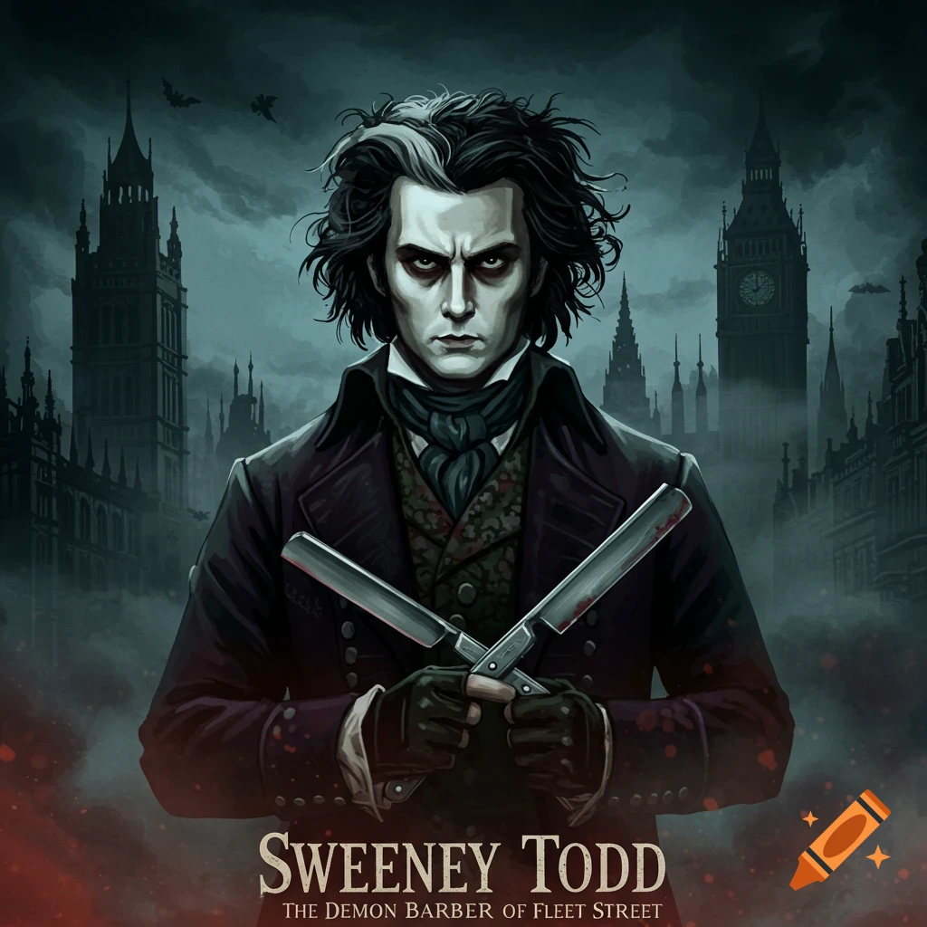 Stylized portrait of Sweeney Todd with razors, against a dark, foggy London cityscape with text 'SWEENEY TODD'.