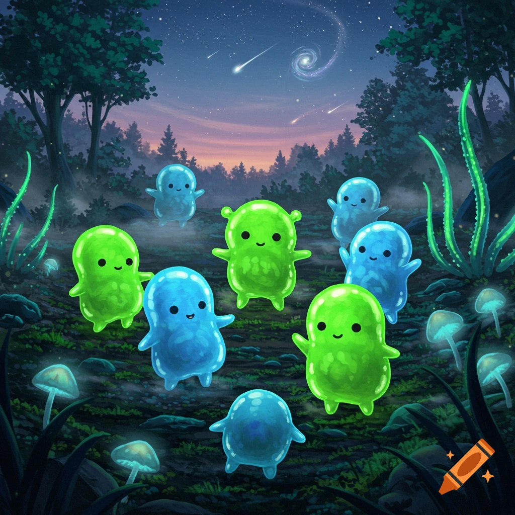 Smiling, glowing green and blue blob creatures stand on a dark forest floor with glowing mushrooms under a starry night sky with shooting stars.