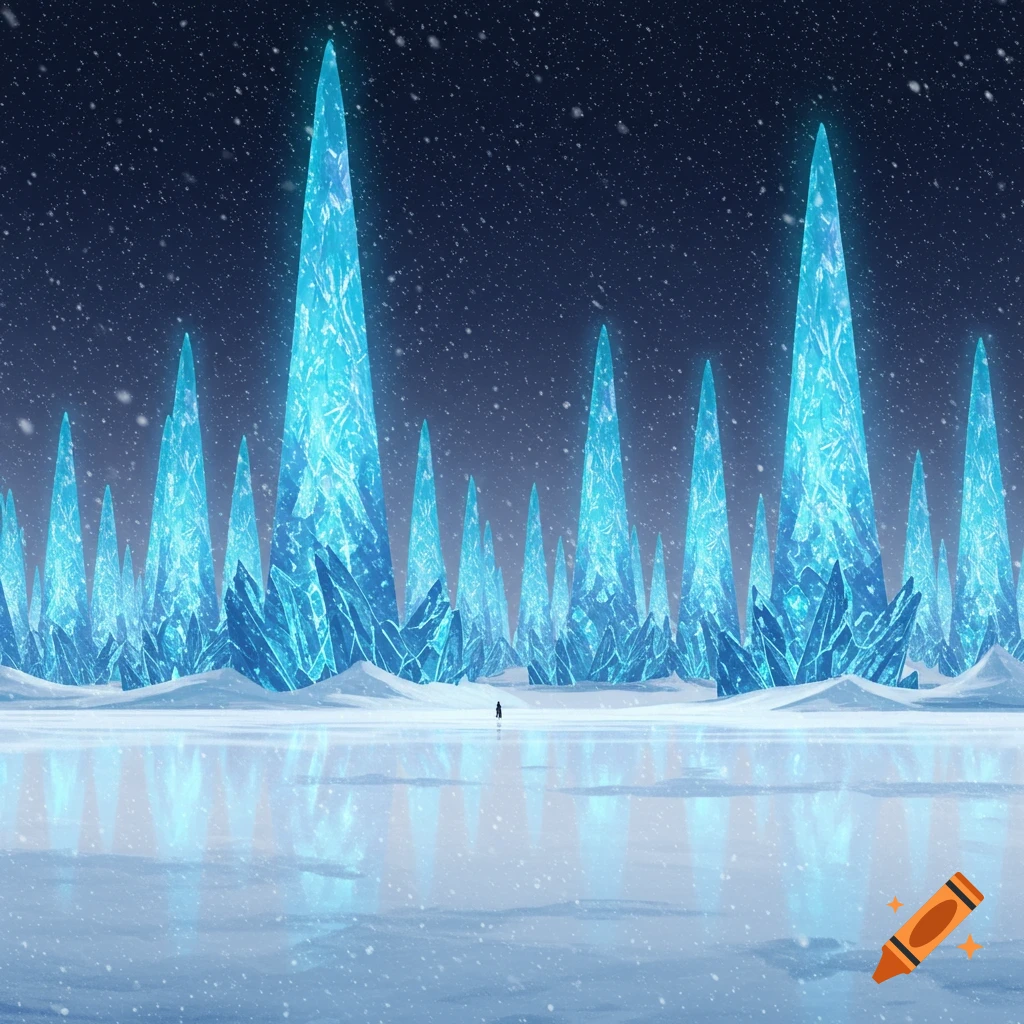 A small figure stands on a frozen lake, surrounded by towering, glowing blue ice spires in a snowy, dark landscape.