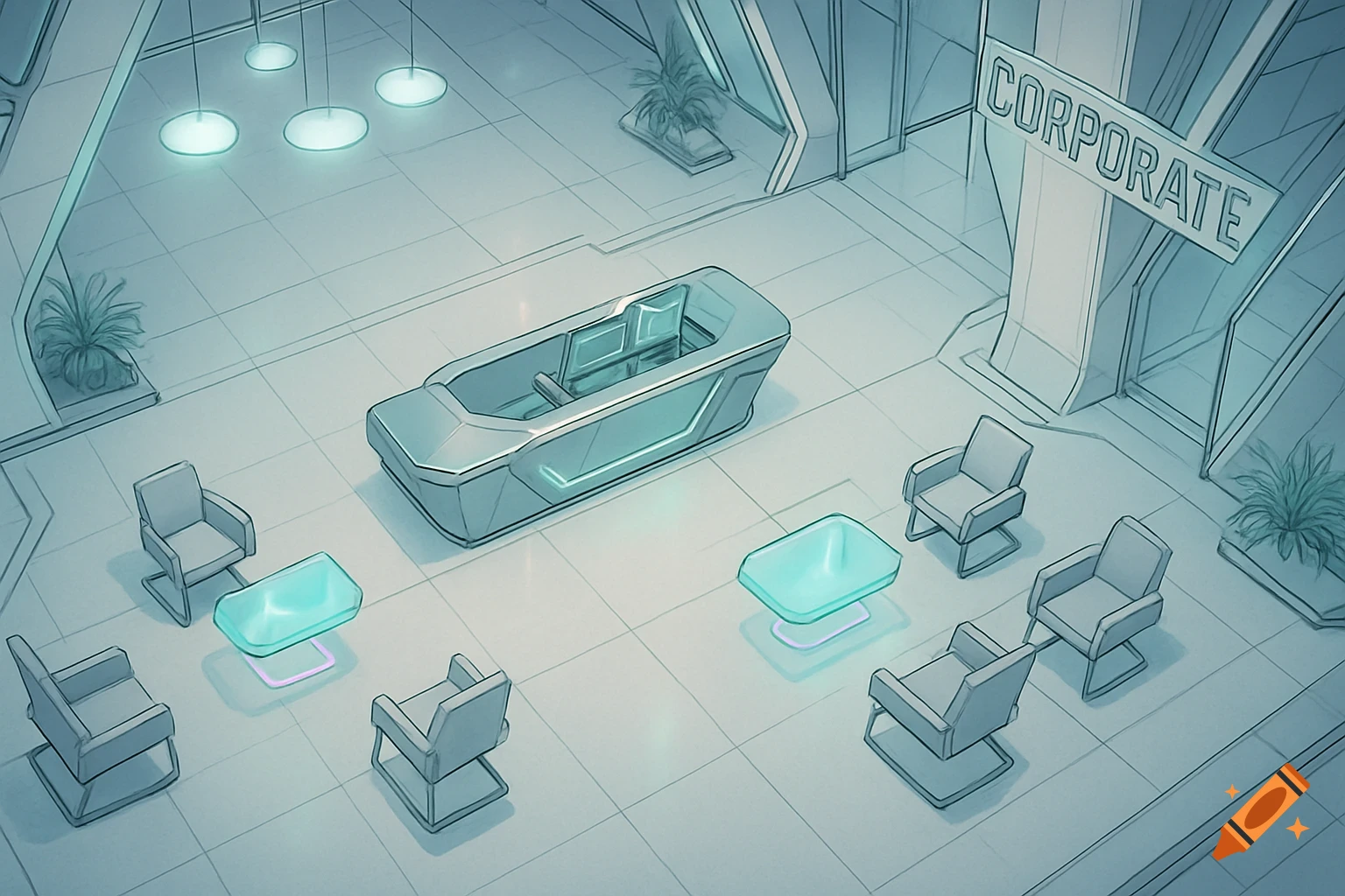 Top-down, line-art view of a futuristic corporate office lobby with chairs, glowing tables, and a large reception area.