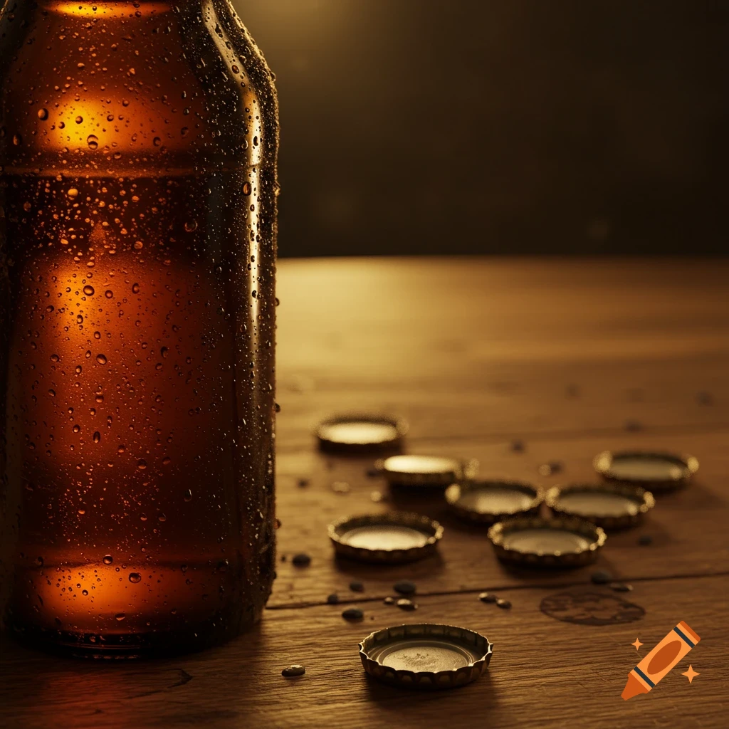 A close-up photorealistic image of a wet beer bottle and scattered bottle caps on a rustic wooden table with warm lighting.