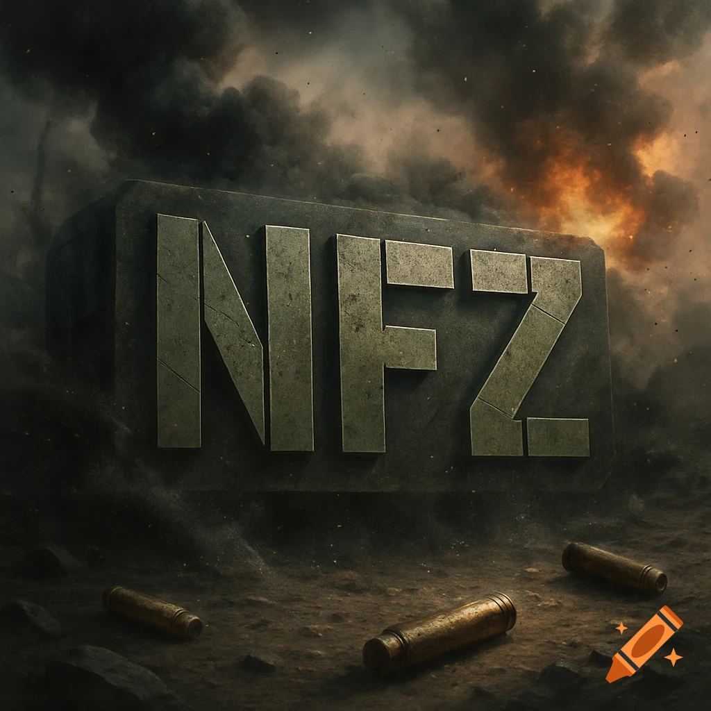 Large military-style letters 'NFZ' on a smoky battlefield with fire and bullet casings, in a dramatic, dark style.