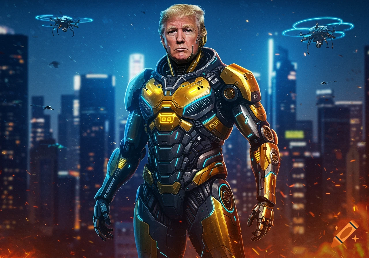 Donald Trump wearing a gold and blue mecha suit in a futuristic city with drones, dynamic lighting.