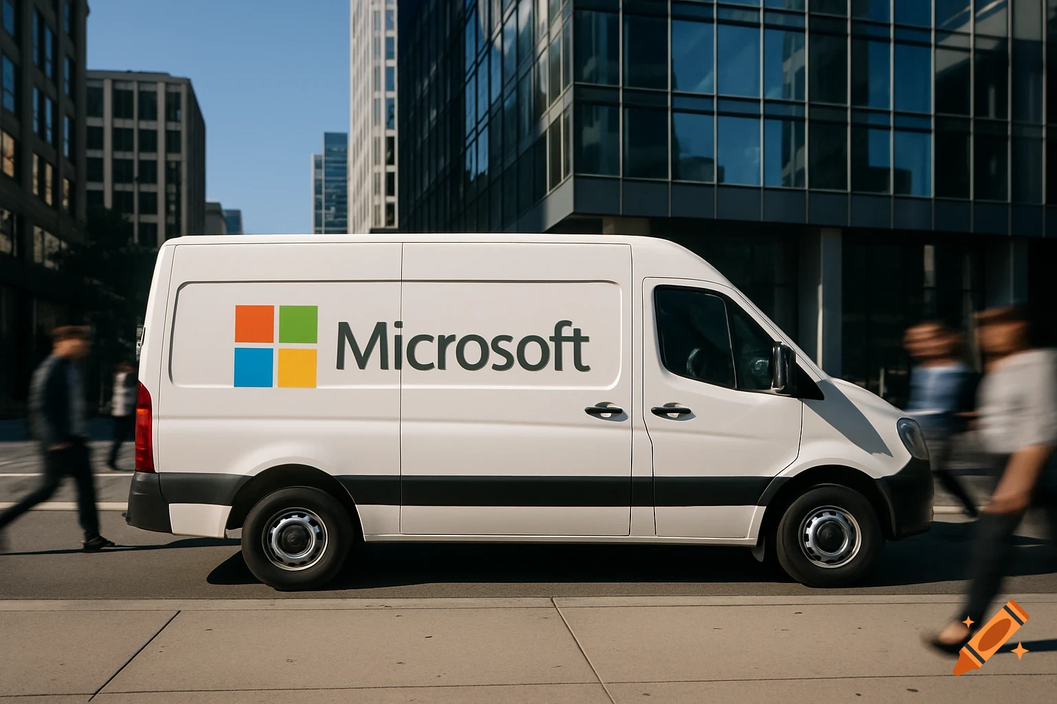 A white Microsoft delivery van parked on a city street with blurred pedestrians and tall buildings in the background.