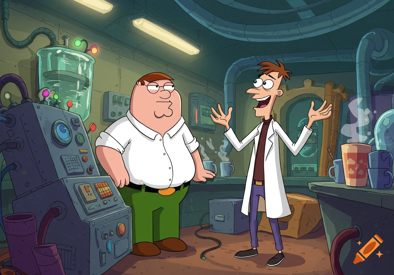 Peter Griffin and Dr. Doofenshmirtz standing in a cartoon laboratory, cartoon style.