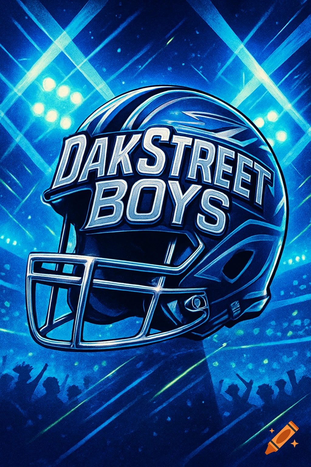 Stylized illustration of a blue football helmet with 'DAKSTREET BOYS' text, under bright stadium lights with a crowd.