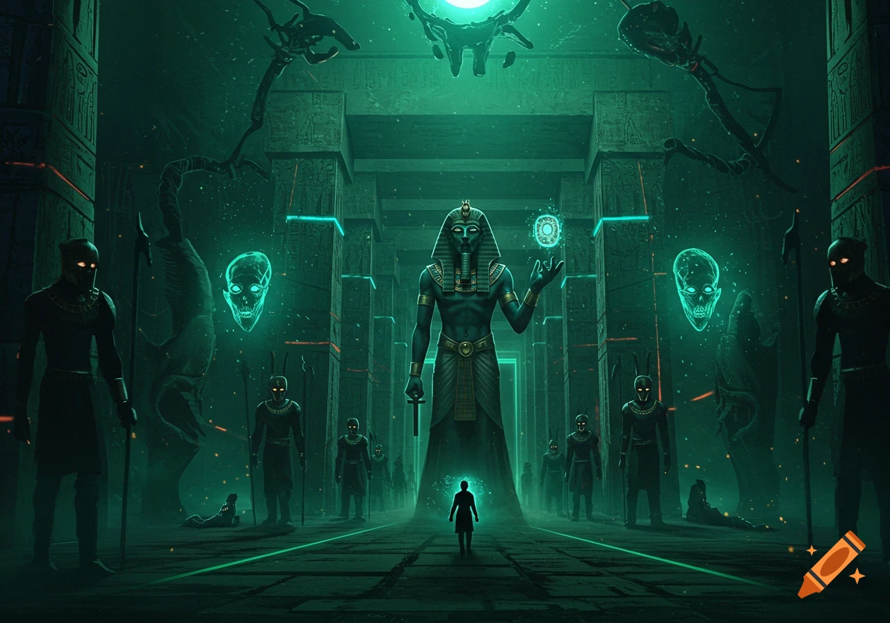 Massive Egyptian god in a neon-lit sci-fi temple hall, facing a human. Guards, glowing skulls, and alien elements surround them.