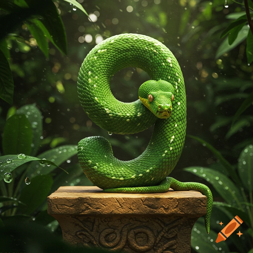 Photorealistic green snake coiled into the number nine, on a stone pedestal in a lush, rainy jungle.