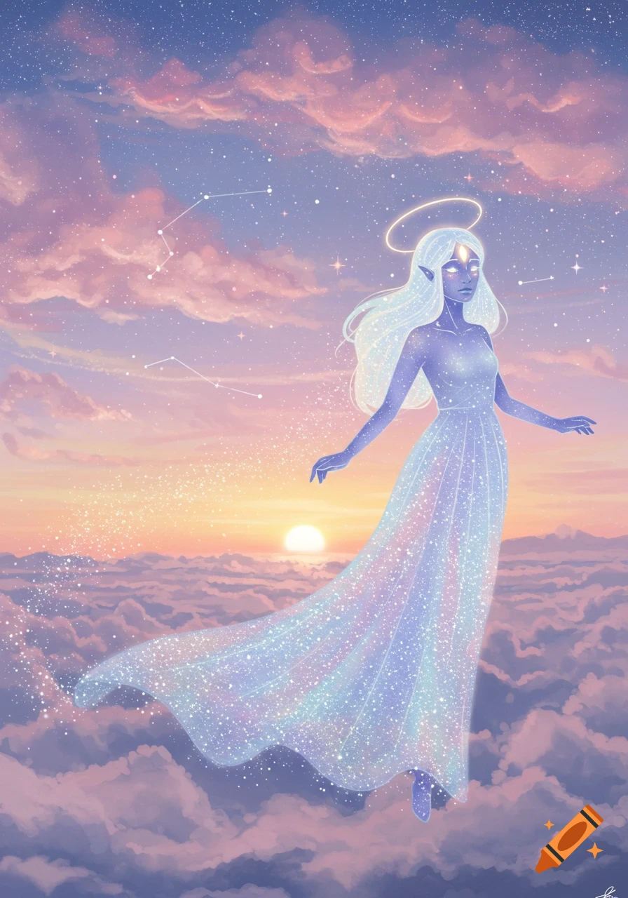 Ethereal, glowing woman with a halo and sparkling dress floats among pastel clouds and stars with a sunset in the background, digital art.