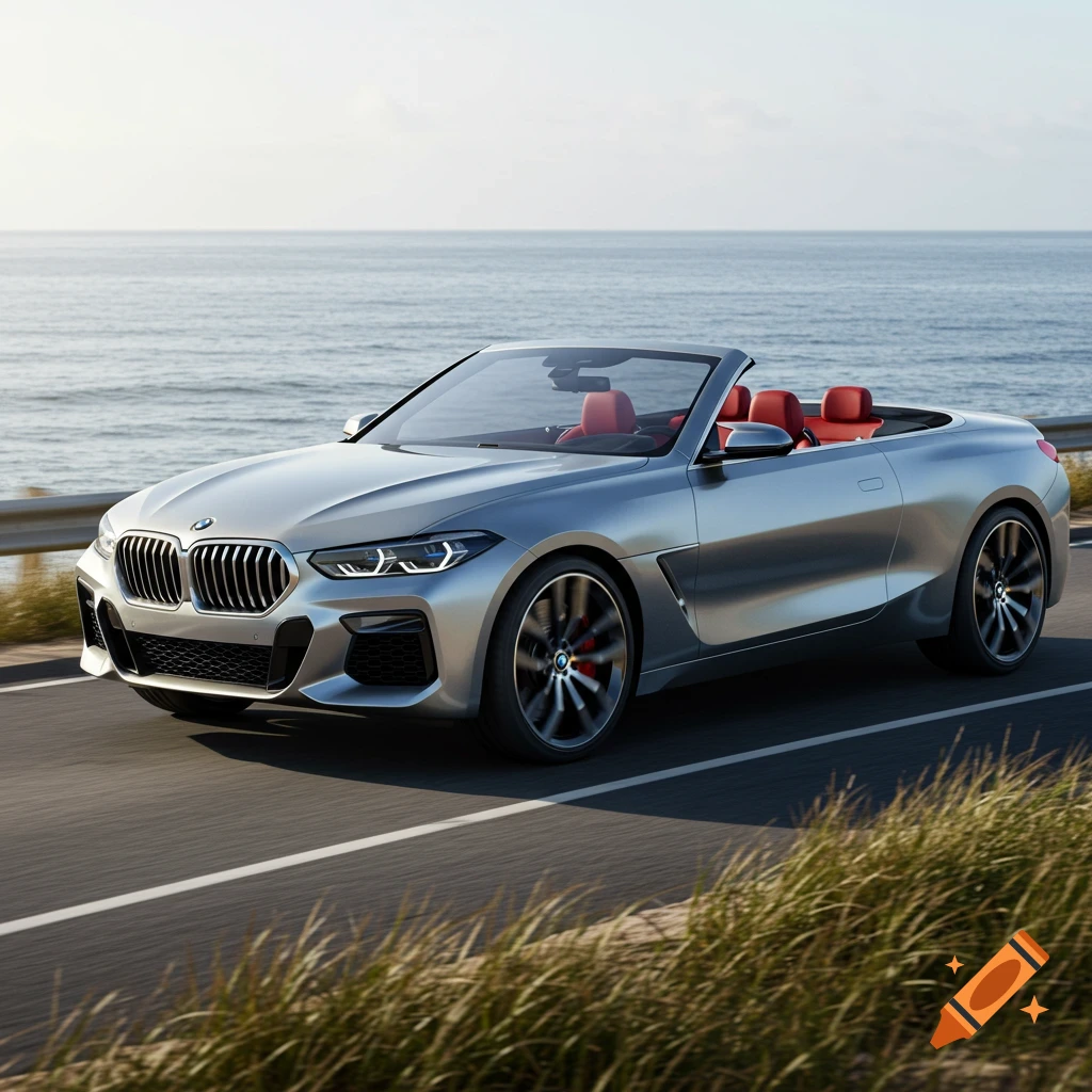 A silver BMW convertible with red interior drives on a coastal road next to the ocean under a clear sky.