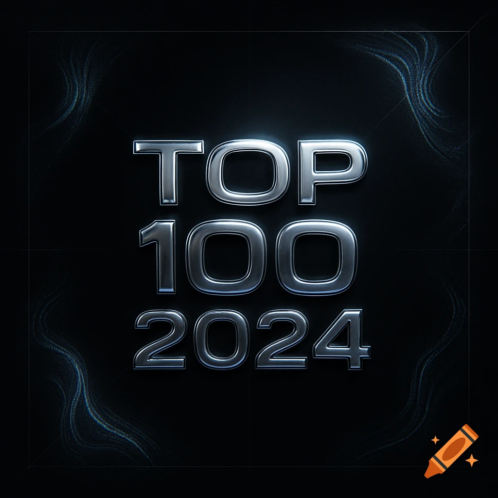 Metallic 3D text 'TOP 100 2024' on a dark, textured background with subtle glowing patterns.