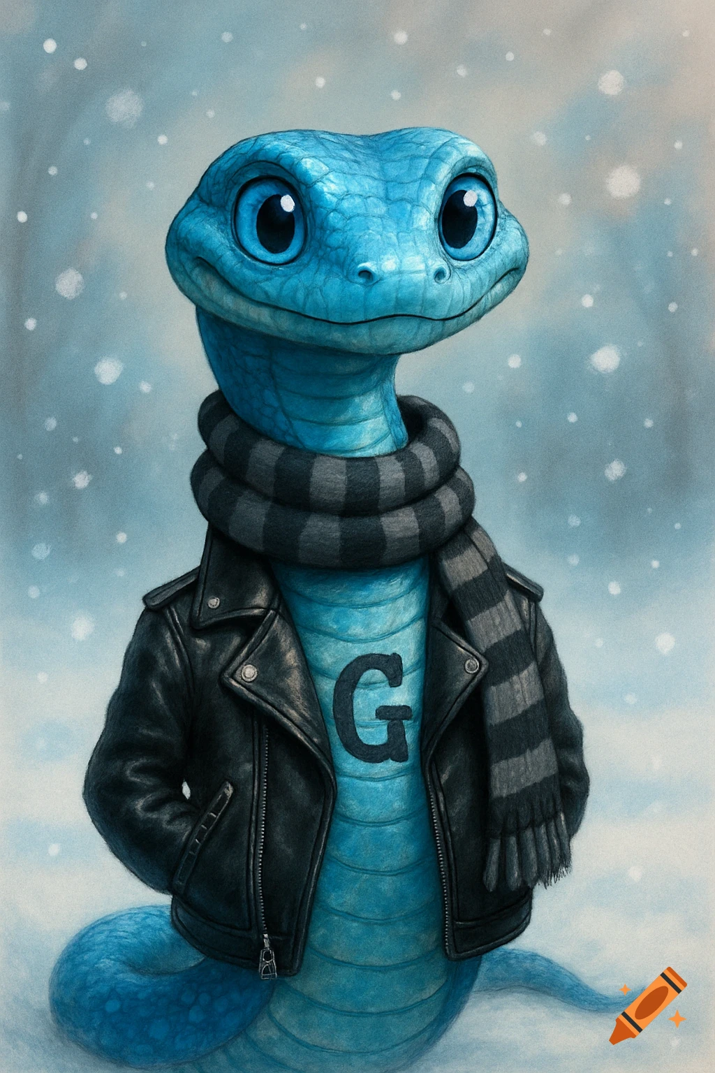 A friendly blue snake with big blue eyes wears a black leather jacket and a striped scarf in the snow, with a letter G on its chest.
