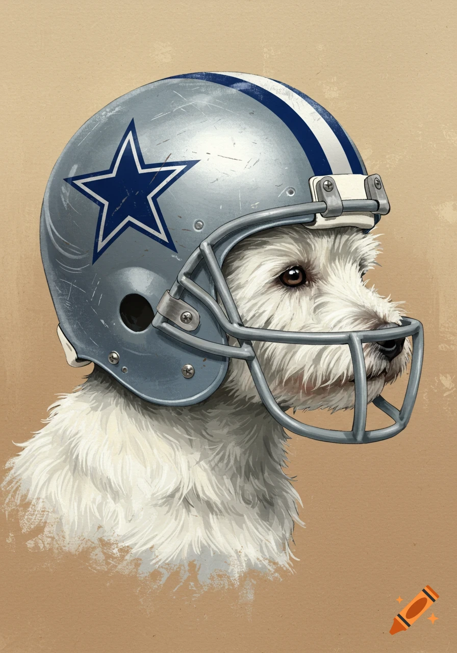 An illustration of a fluffy white West Highland White Terrier dog wearing an old Dallas Cowboys football helmet, viewed in side profile.