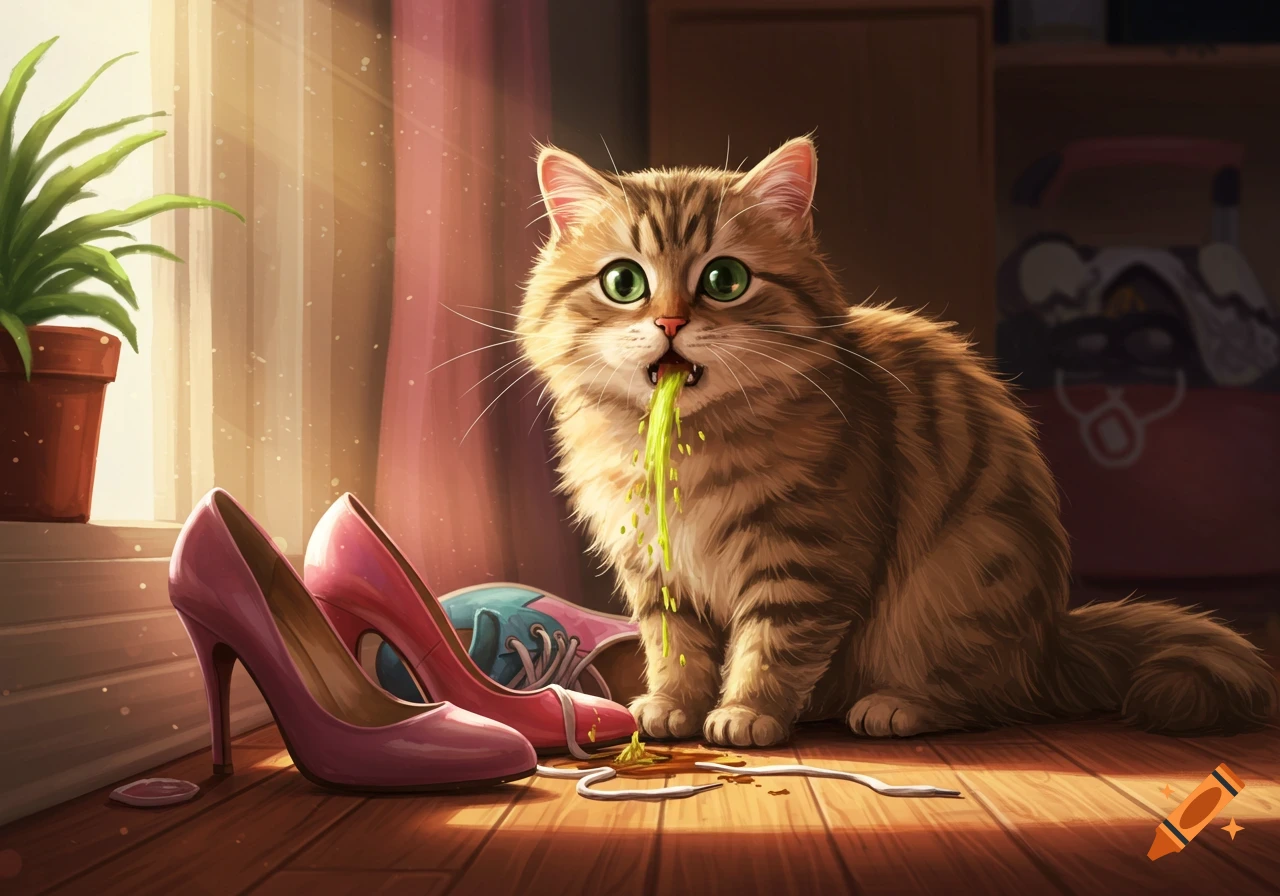 A fluffy tabby cat with wide green eyes vomits green liquid onto a wooden floor next to pink high heels, in a detailed cartoon style.