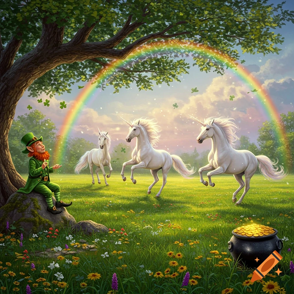 A leprechaun sits under a tree in a sunny, green meadow with three white unicorns, a rainbow, and a pot of gold.