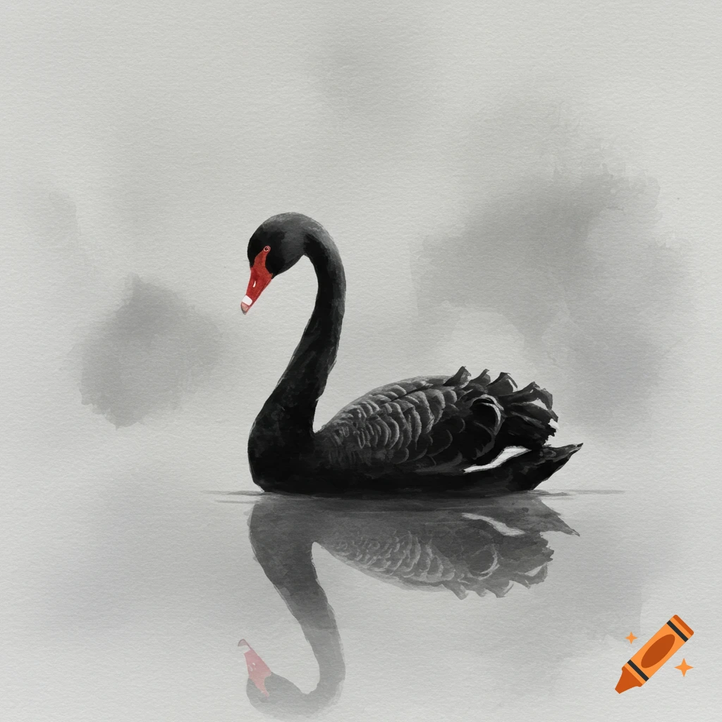 Watercolor painting of a black swan with a red beak floating on calm water, its reflection visible below.