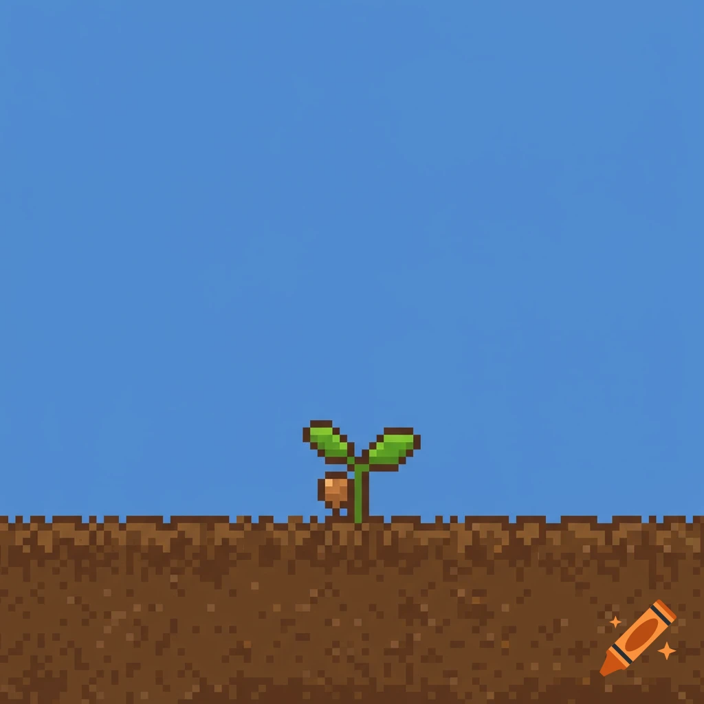 A pixel art image of a small green sprout with a brown seed growing from brown soil under a blue sky.