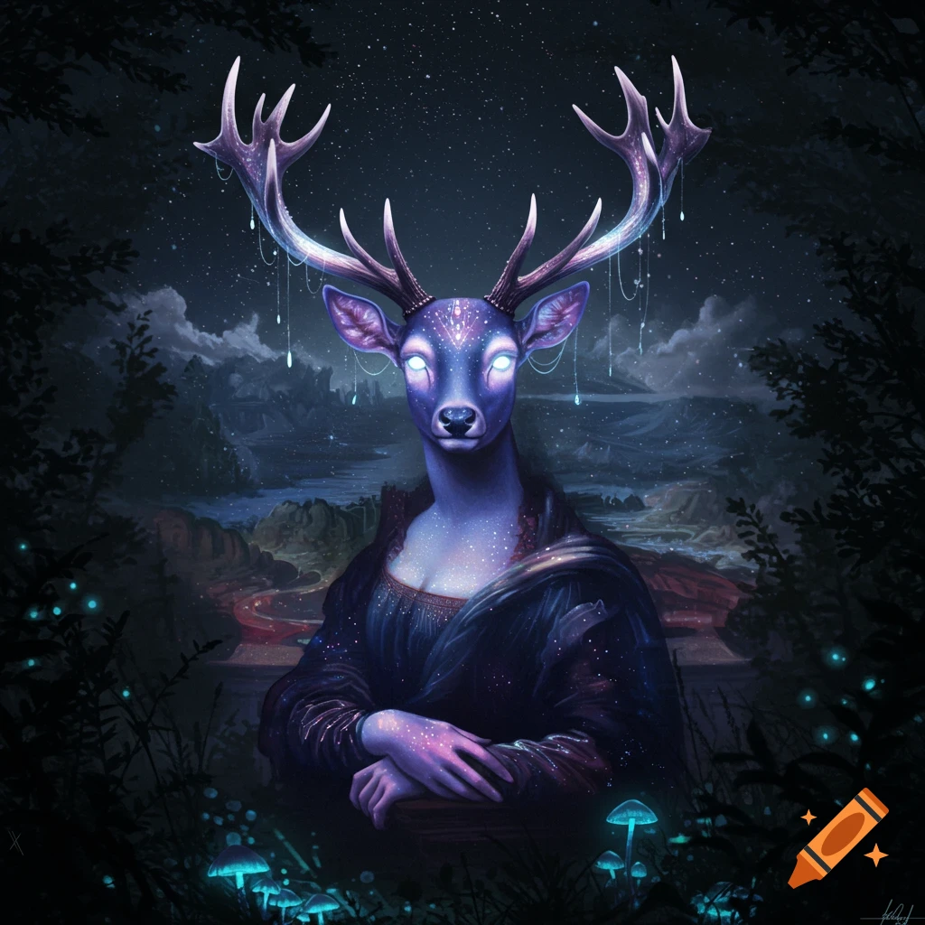 A cosmic deer-headed Mona Lisa with glowing eyes and starry body in a dark, ethereal forest at night with glowing mushrooms.